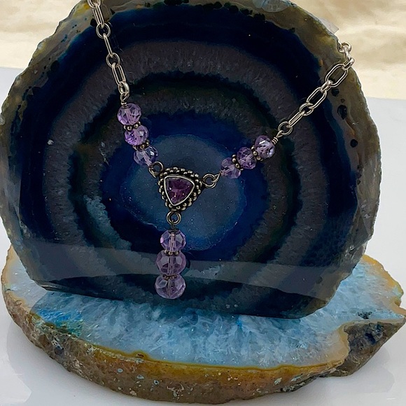 Vtg. 18” Silver Necklace With 925 Amethyst Pendant & Amethyst Faceted Beads - Picture 3 of 4